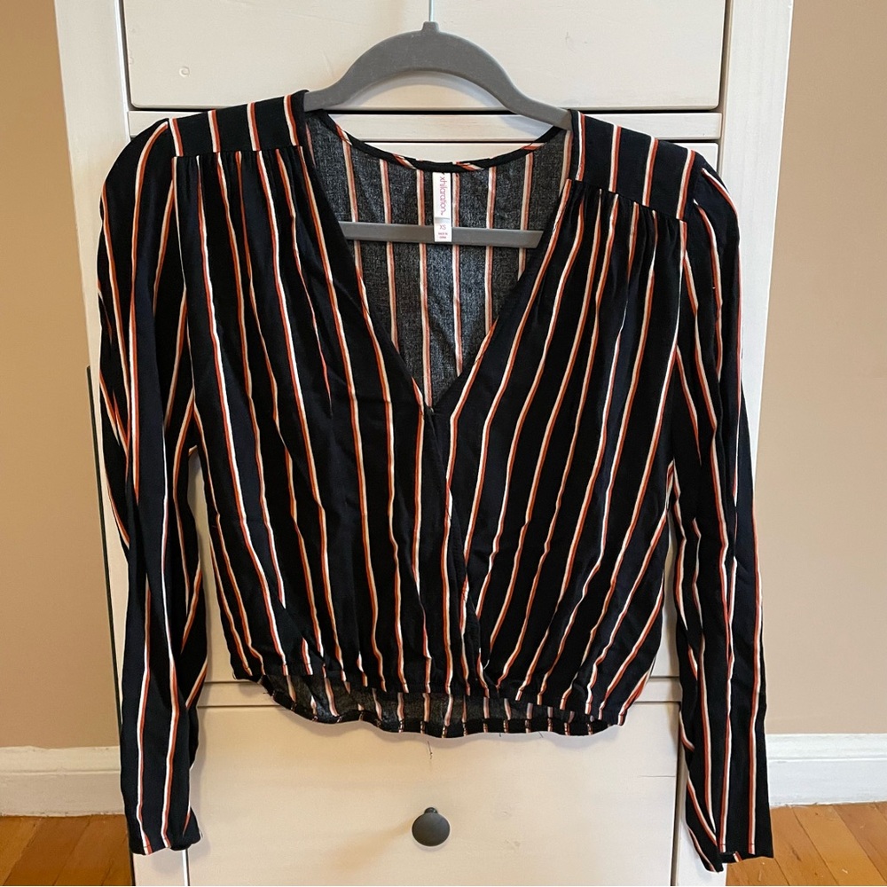 Xhilaration Black and Orange Crop Striped V-Neck Blouse